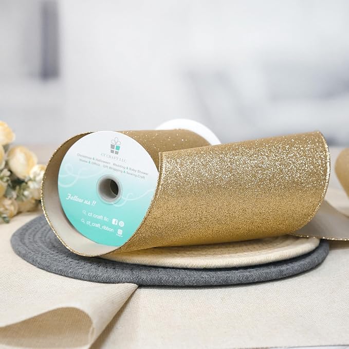 CT CRAFT LLC Glitter Wired Ribbon 6" x 10 Yards Light Gold - Image 4