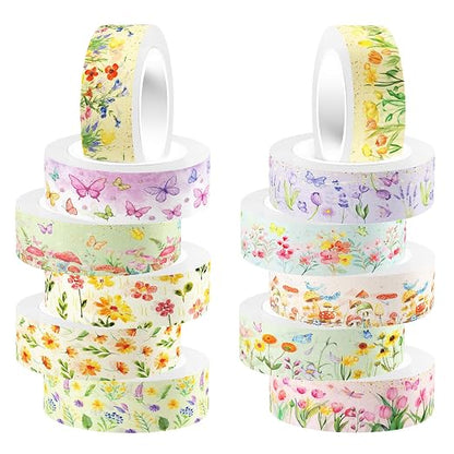 12 Rolls Spring Floral Washi Tape Set, Butterfly Tulip Flower Masking Tapes by Unknown