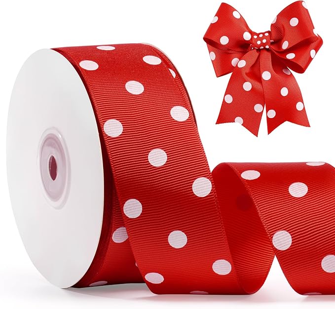 Polka Dot Grosgrain Ribbon 1.5 Inch, 25 Yards Spool Red and White Dot Craft by FAKILO