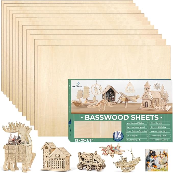 12 PCS 12x20x1/8 Inch Basswood Sheets, MAPRIAL Smooth 3mm Plywood by MAPRIAL
