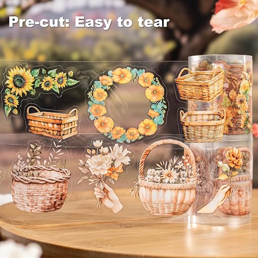 Flower Basket PET Tape Set, 6 Rolls Pre-Cut Vintage Floral Scrapbook Supplies - Image 3