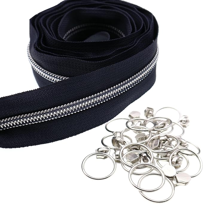 Leekayer Silver Metallic Nylon Coil Zippers by The Yard Bulk 10 Yards Navy Black - Image 7