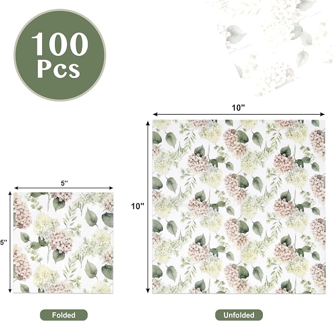 100 Pcs Hydrangea Scatter Floral Cocktail Beverage Napkins Hydrangeas Flowers - Image 2