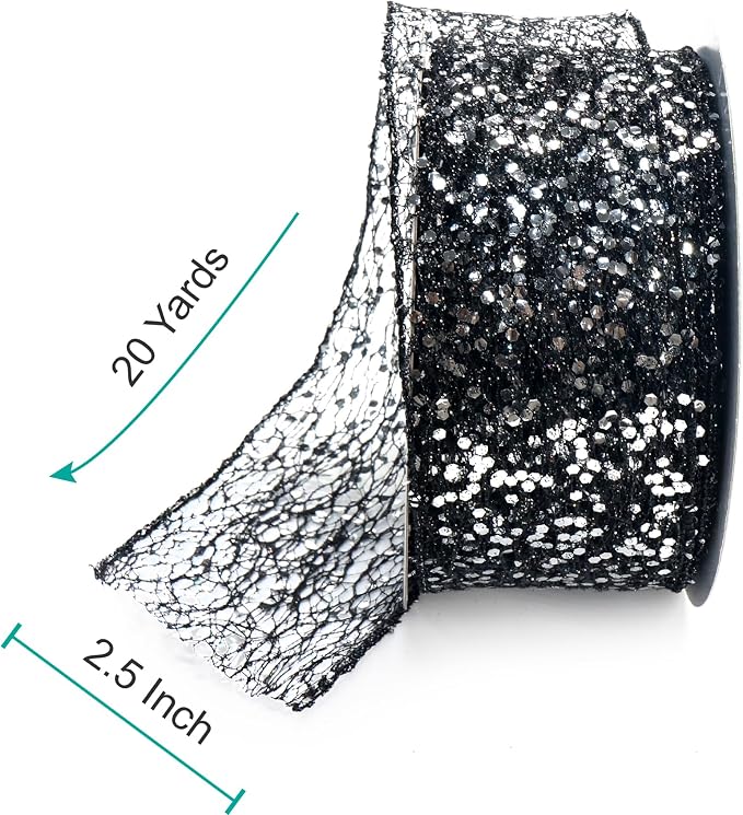 CT CRAFT LLC Sparkling Glitter Mesh Wired Ribbon 2.5" x 20 Yards Black - Image 2