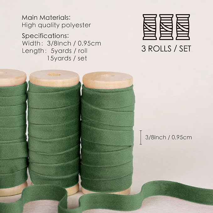Vitalizart Green Velvet Ribbon Set 3/8" x 15 Yd Wooden Spool Fabric Trim 3 - Image 2