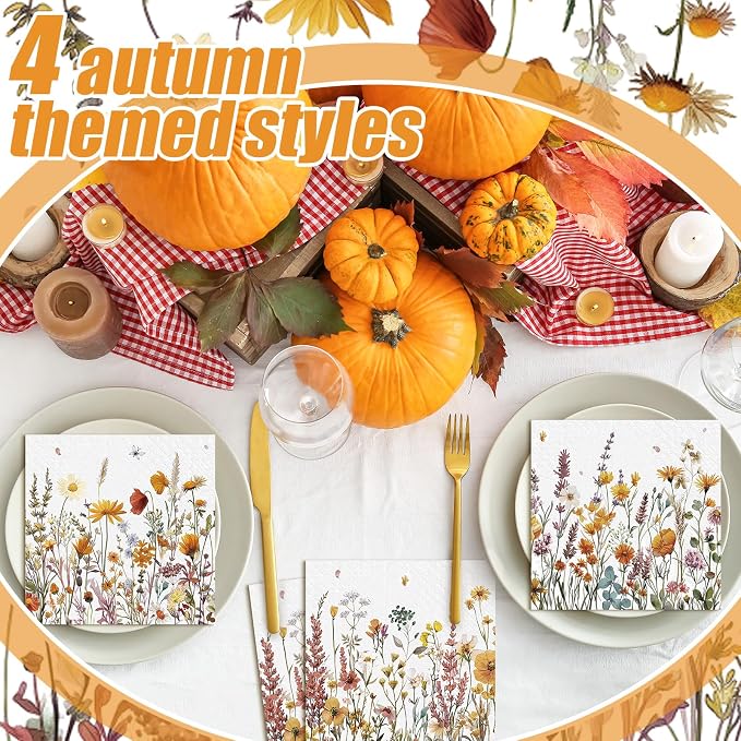 Fulmoon 200 Pieces Fall Floral Cocktail Napkins Disposable Autumn Flower - Image 4