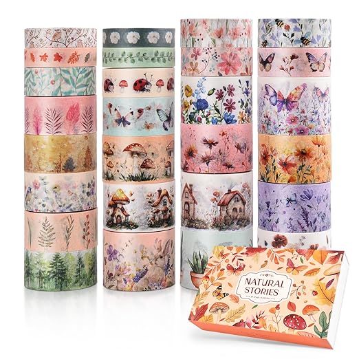 27 Rolls Vintage Washi Tape Set, Floral Butterfly Forest Mushroom Botanical - Image 2