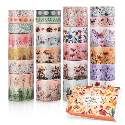 27 Rolls Vintage Washi Tape Set, Floral Butterfly Forest Mushroom Botanical - Image 2