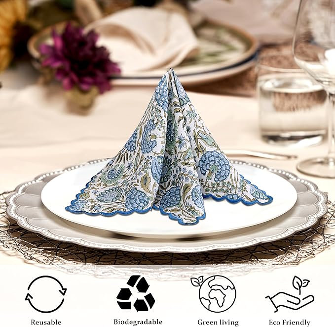 Ridhi Asparagus GreenHand Block Print Napkins 18" x 18" Set of 4 Reusable - Image 3