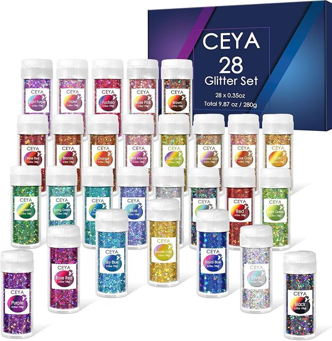 Ceya Holographic Chunky Glitter Set 28 Colors, 9.87oz/280g Craft Glitter Powder by CEYA