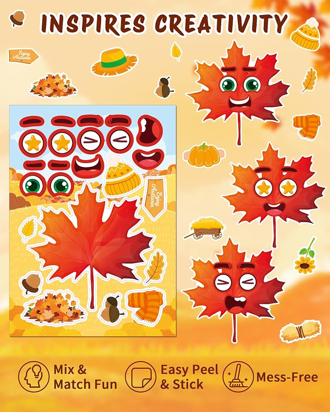 Aowplc 48 Sheets Fall Make a Face Stickers, 12 Designs Fun Fall Crafts - Image 4