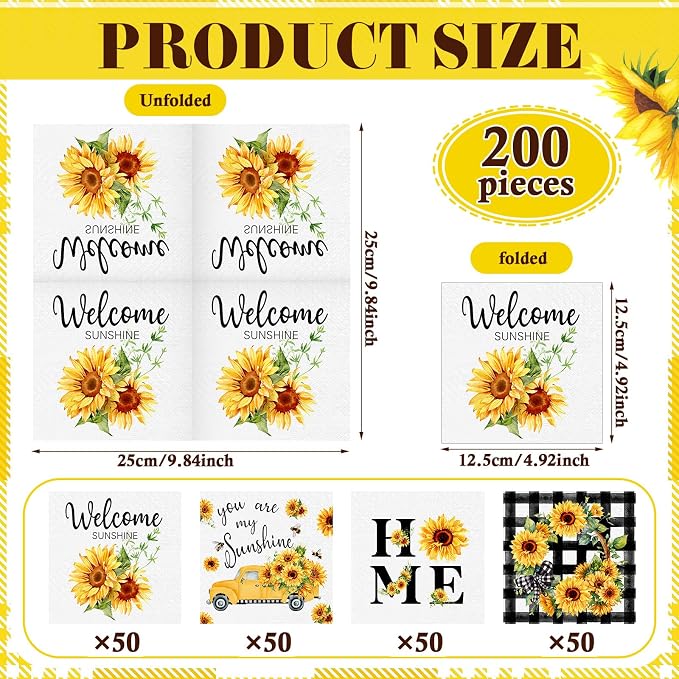 Fulmoon 200 Pieces Summer Sunflower Cocktail Napkins Disposable Floral Dessert - Image 3