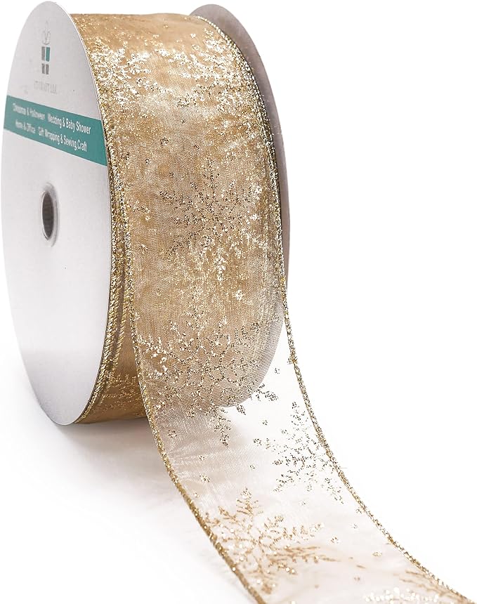 CT CRAFT LLC Organza with Champagne Gold Glitter Snowflakes Wired Ribbon 2.5 by CTCRAFTLLC