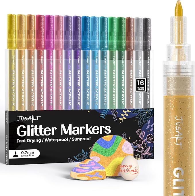 JusArt 16 Colors Glitter Markers, Glitter Paint Pens Sparkly and Shiny by JusArt