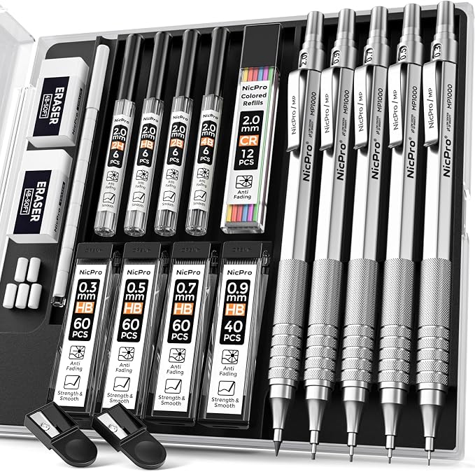 Nicpro Metal Mechanical Pencil Set, 0.9 mm & 2mm Graphite Lead Holder by Nicpro