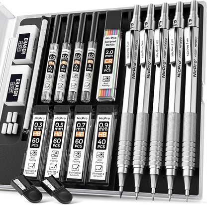 Nicpro Metal Mechanical Pencil Set, 0.9 mm & 2mm Graphite Lead Holder by Nicpro