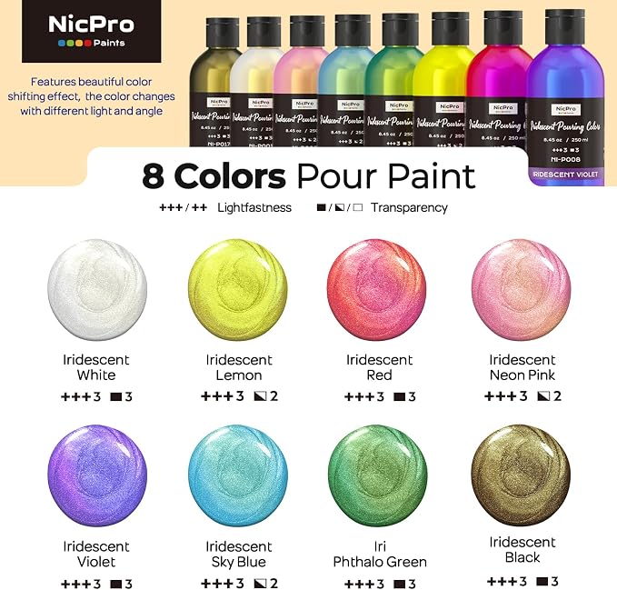 Nicpro 8 Colors Iridescent Metallic Acrylic Pour Paint Supplies Kit, 8.45oz - Image 2