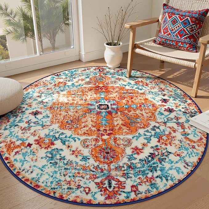 Lahome Washable Round Rugs 5'3"ft, Bohemian Orange Circle Rugs by Lahome