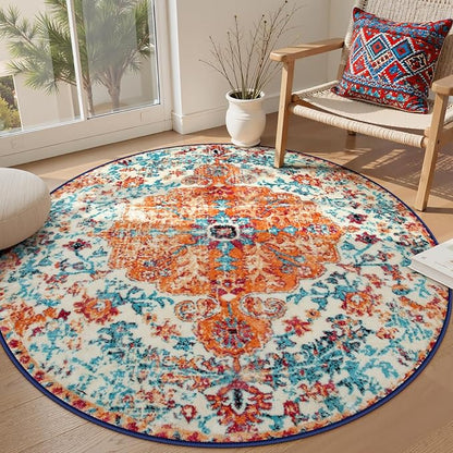 Lahome Washable Round Rugs 5'3"ft, Bohemian Orange Circle Rugs by Lahome