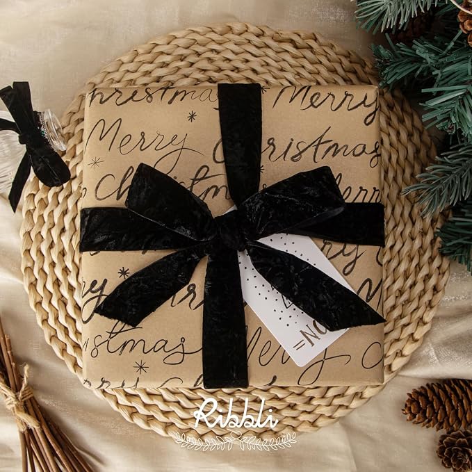 Ribbli Black Velvet Ribbon 1 Inches Luxury Crinkled Black Christmas Ribbon - Image 3