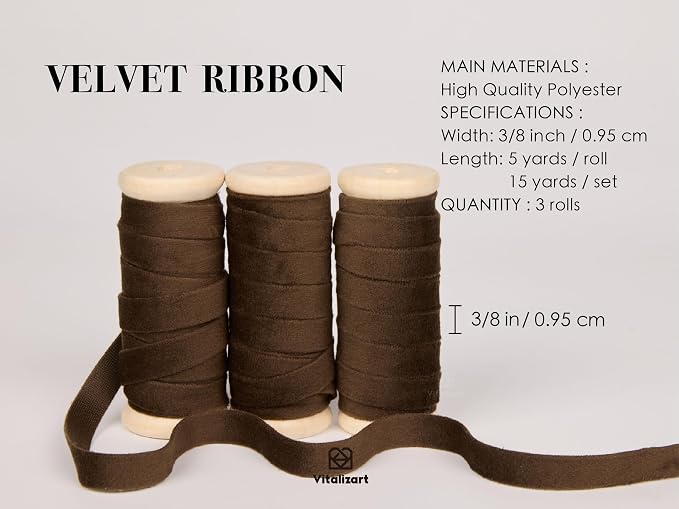 Vitalizart Brown Velvet Ribbon Set 3/8" x 15 Yd Wooden Spool Fabric Trim 3 - Image 2
