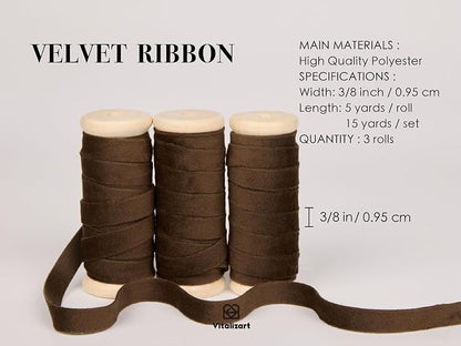 Vitalizart Brown Velvet Ribbon Set 3/8" x 15 Yd Wooden Spool Fabric Trim 3 - Image 2
