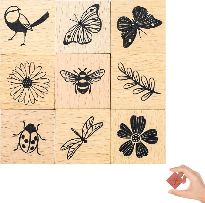 9 PCS Vintage Wooden Rubber Stamps, Wood Stamps by Unknown