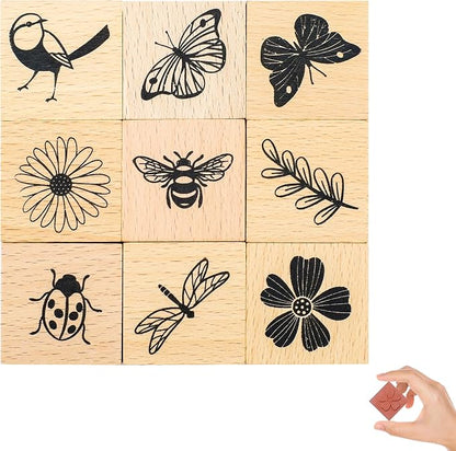 9 PCS Vintage Wooden Rubber Stamps, Wood Stamps by Unknown