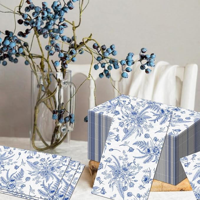 60 Pack 3 Styles Blue Floral Napkins - Image 4