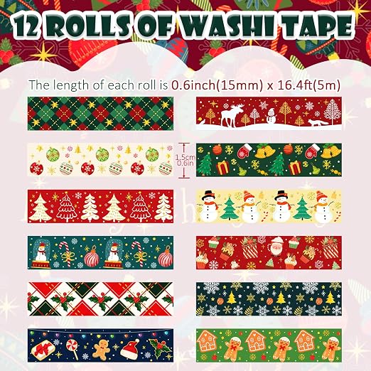 12 Rolls Christmas Washi Tapes Christmas Tree Snowman Snowflakes Gingerbread - Image 2