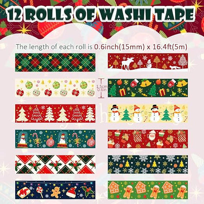 12 Rolls Christmas Washi Tapes Christmas Tree Snowman Snowflakes Gingerbread - Image 2