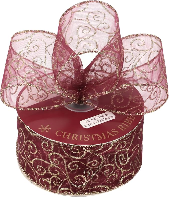MEEDEE Red Gold Swirl Wired Ribbon 2.5 Inch Dark Red Sheer Ribbon - Image 7