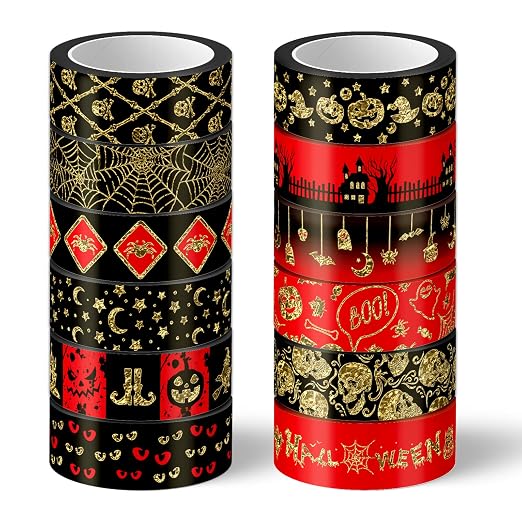 Whaline 12 Rolls Halloween Washi Tapes Red Black Foil Gold Decorative Tapes by Whaline