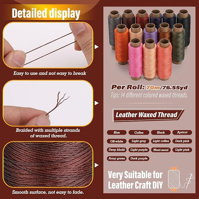 0.55 mm Round Waxed Thread, 14 Colors 76 Yards Spool Wax Coated String - Image 2