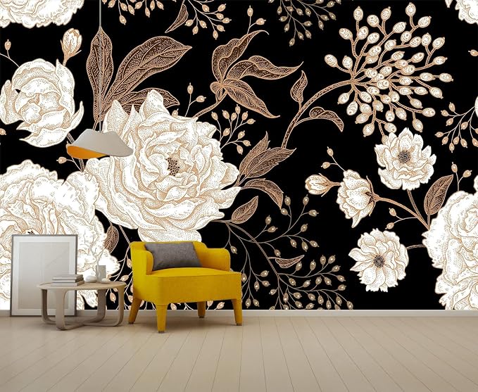 Wall Mural Peonies and Roses Floral Vintage Wallpaper Seamless Gold White by Reyhui