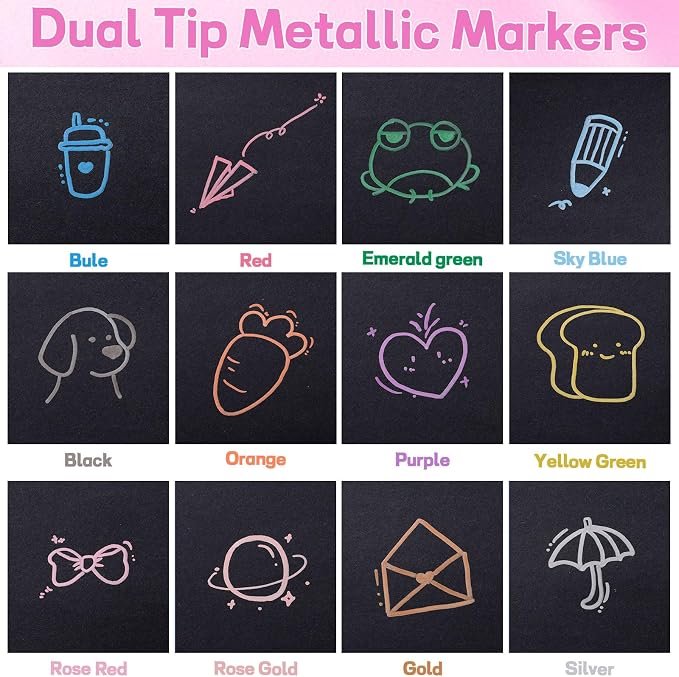 12 Pack Metallic Markers, Dual Tip Glitter Pens - Image 4