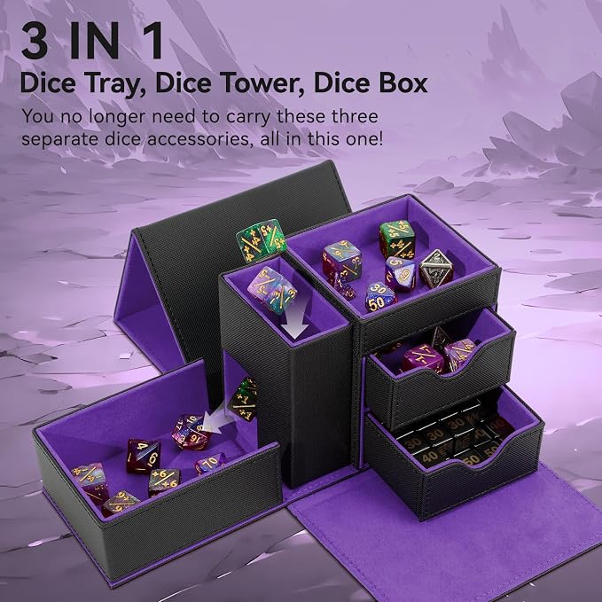 Leather Dice Tray & Tower Storage Box, 3 in 1 Dice Holder Case, Magnetic - Image 2