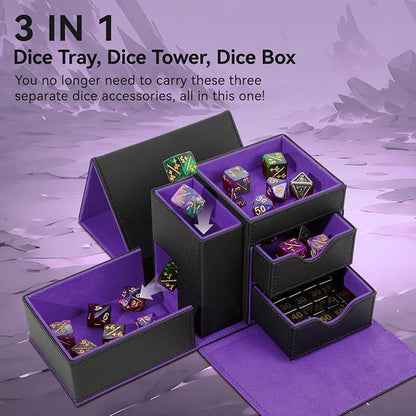 Leather Dice Tray & Tower Storage Box, 3 in 1 Dice Holder Case, Magnetic - Image 2