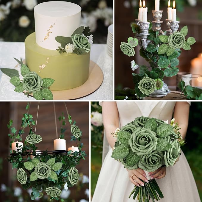 AmyHomie Artificial Flowers Green Rose 25pcs Real Looking Fake Roses w/Stem - Image 5