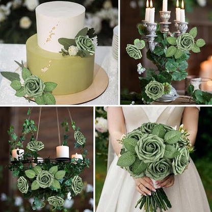 AmyHomie Artificial Flowers Green Rose 25pcs Real Looking Fake Roses w/Stem - Image 5