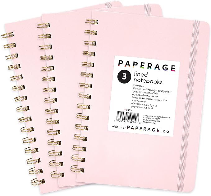 PAPERAGE Lined Spiral Journal Notebook, 3 Pack, 160 Pages, Medium 5.5 inches x by PAPERAGE