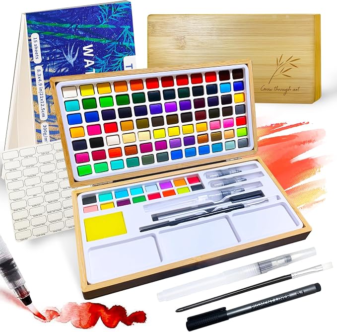 Watercolor Paint Set, 100 Colors in Nature Bamboo Box, Portable Water Colors Kit by Unknown