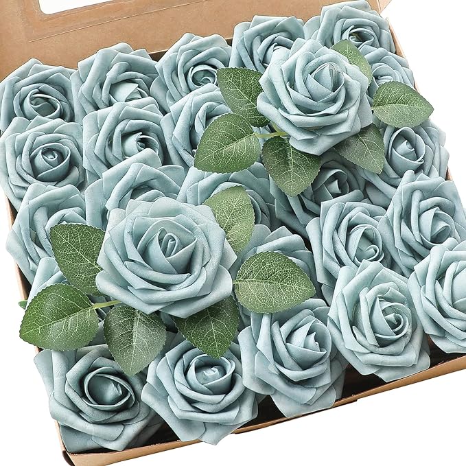 Floroom Artificial Flowers 25pcs Real Looking Dusty Blue Foam Fake Roses by Floroom