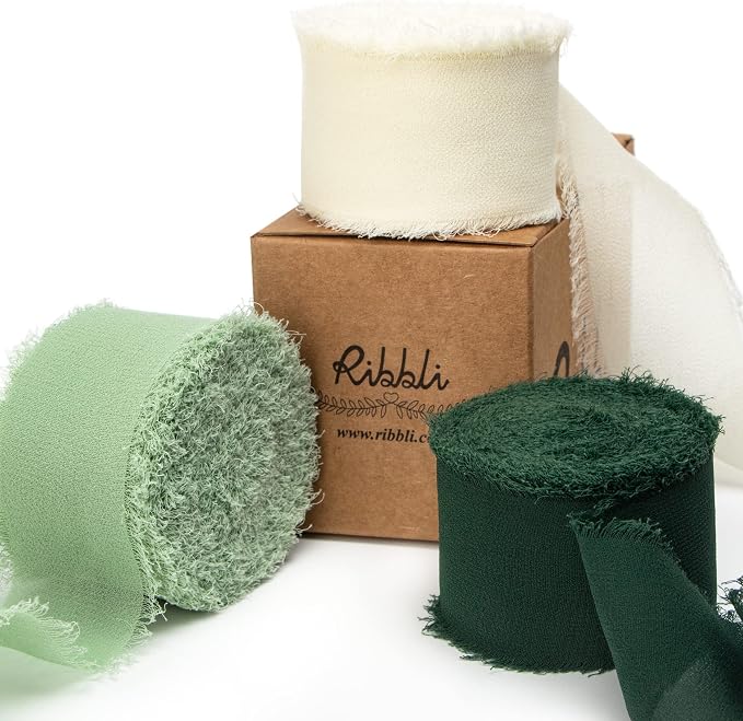Ribbli Green Chiffon Ribbon1.5 inch x 30 Yard Handmade Silk Ribbon by Ribbli
