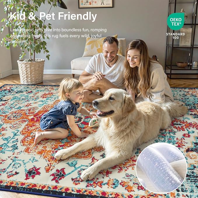 Lahome Washable Round Rugs 5'3"ft, Bohemian Orange Circle Rugs - Image 5