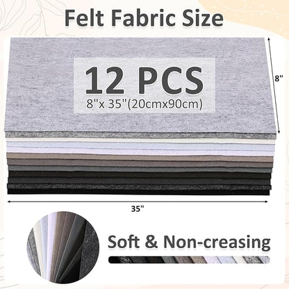 XSEINO 12 Rolls 8"x35" 1.4mm Thick Soft Felt Fabric Sheet 12 Assorted Black - Image 3