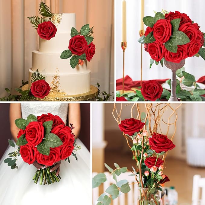 AmyHomie Artificial Flowers Dark Red Rose 100pcs Real Looking Fake Roses w/Stem - Image 5