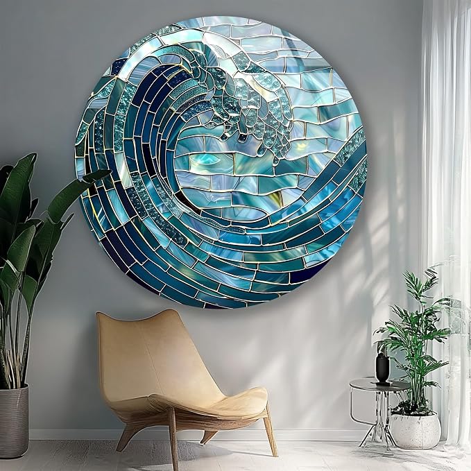 My Photostation.com 31.5'' Diameter Ocean Wave in Blue Mosaic Round Glass Wall - Image 2