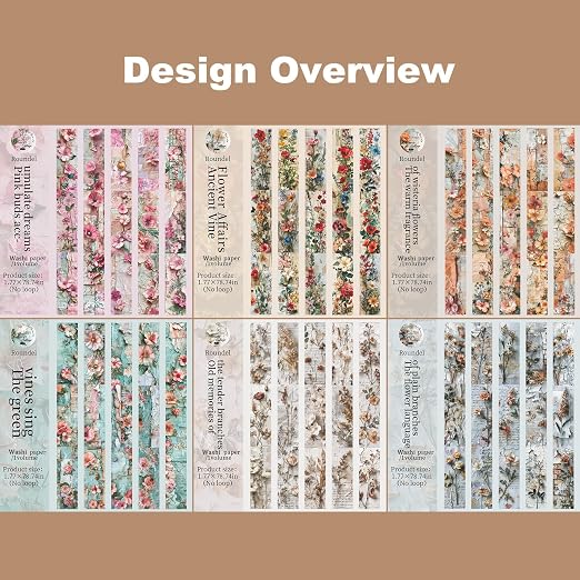 Vintage Floral Washi Tape Set – 6 Rolls, 2M Non-Repeating Flower Collage Designs - Image 5