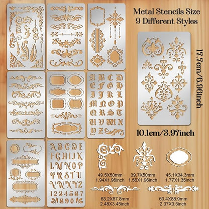 9PCS Metal Stencils Wood Burning Stencil Journal Border Stencils Letter Stencil - Image 2